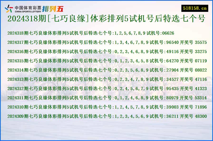 2024318期[七巧良缘]体彩排列5试机号后特选七个号