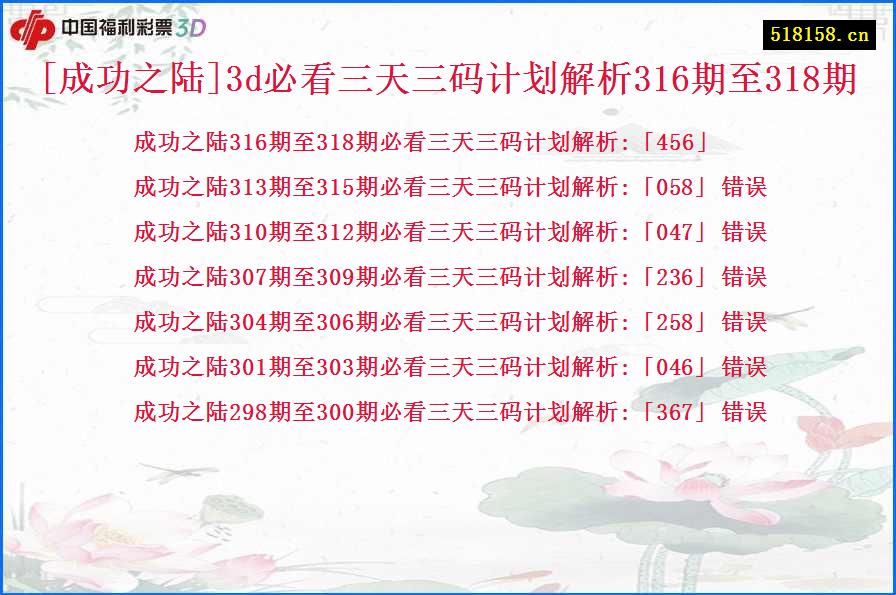[成功之陆]3d必看三天三码计划解析316期至318期
