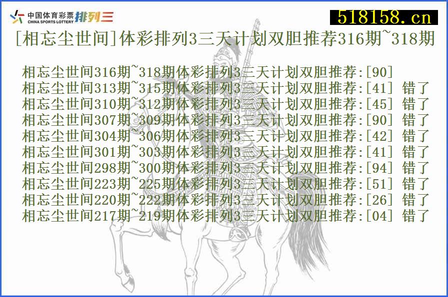 [相忘尘世间]体彩排列3三天计划双胆推荐316期~318期