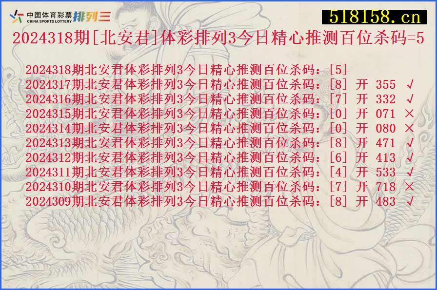 2024318期[北安君]体彩排列3今日精心推测百位杀码=5