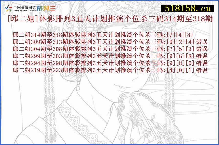 [邱二姐]体彩排列3五天计划推演个位杀三码314期至318期