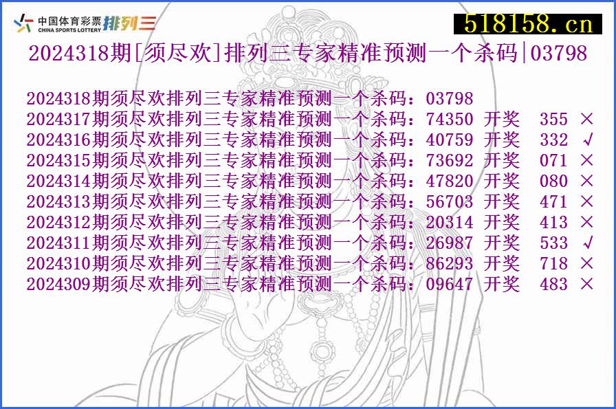 2024318期[须尽欢]排列三专家精准预测一个杀码|03798