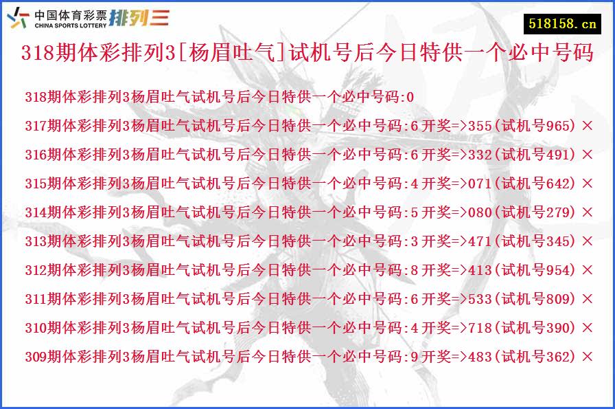 318期体彩排列3[杨眉吐气]试机号后今日特供一个必中号码