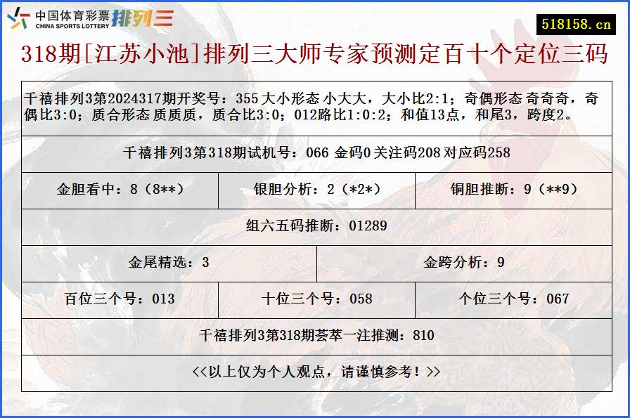 318期[江苏小池]排列三大师专家预测定百十个定位三码