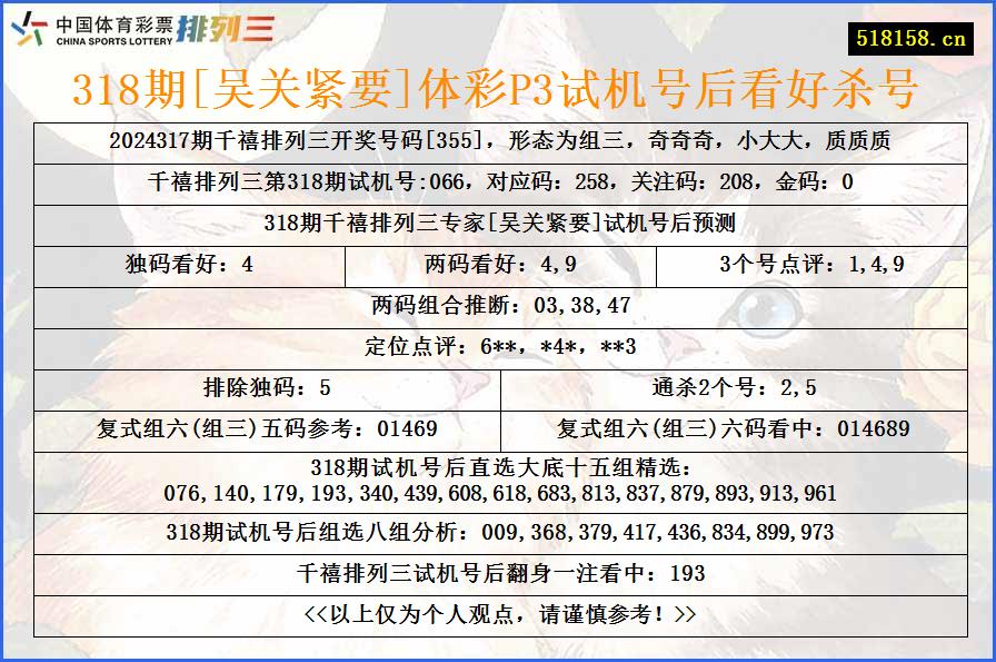 318期[吴关紧要]体彩P3试机号后看好杀号