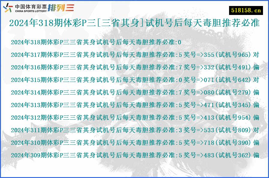 2024年318期体彩P三[三省其身]试机号后每天毒胆推荐必准