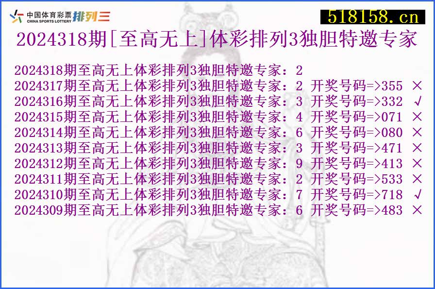 2024318期[至高无上]体彩排列3独胆特邀专家