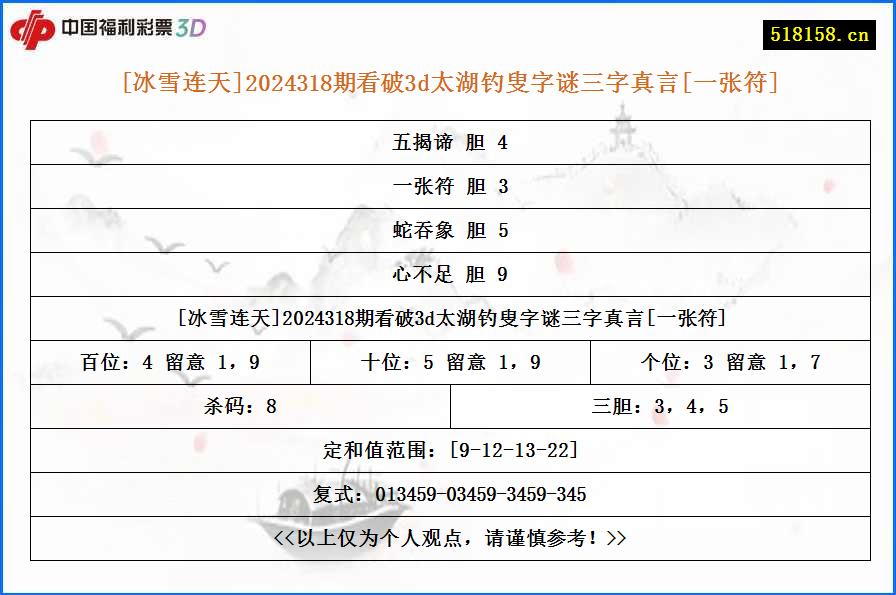 [冰雪连天]2024318期看破3d太湖钓叟字谜三字真言[一张符]