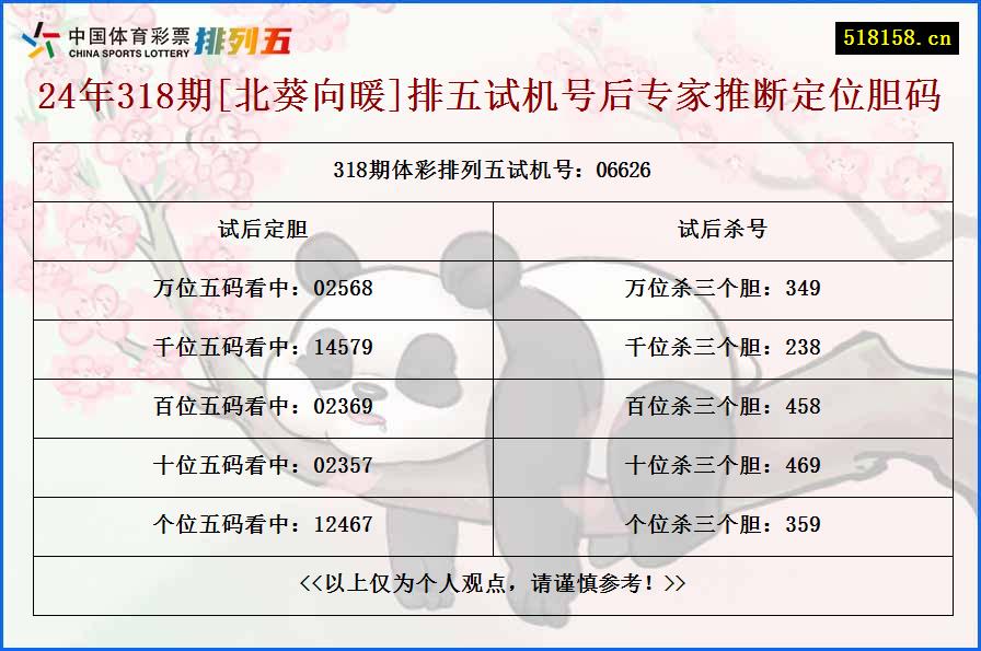 24年318期[北葵向暖]排五试机号后专家推断定位胆码