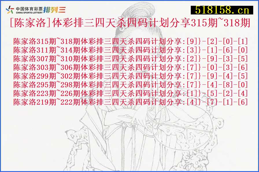 [陈家洛]体彩排三四天杀四码计划分享315期~318期