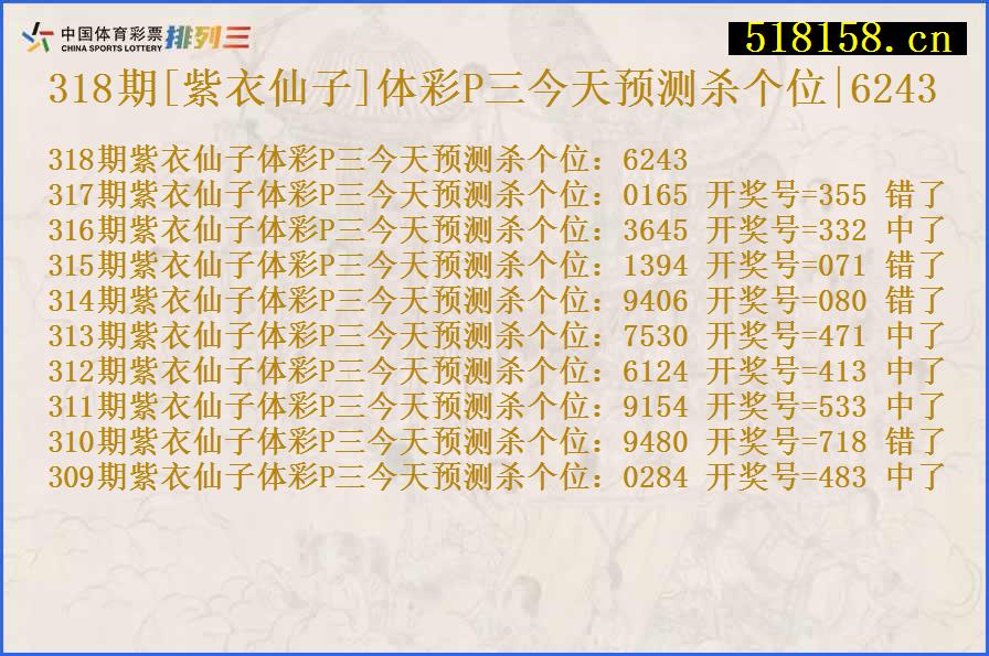 318期[紫衣仙子]体彩P三今天预测杀个位|6243