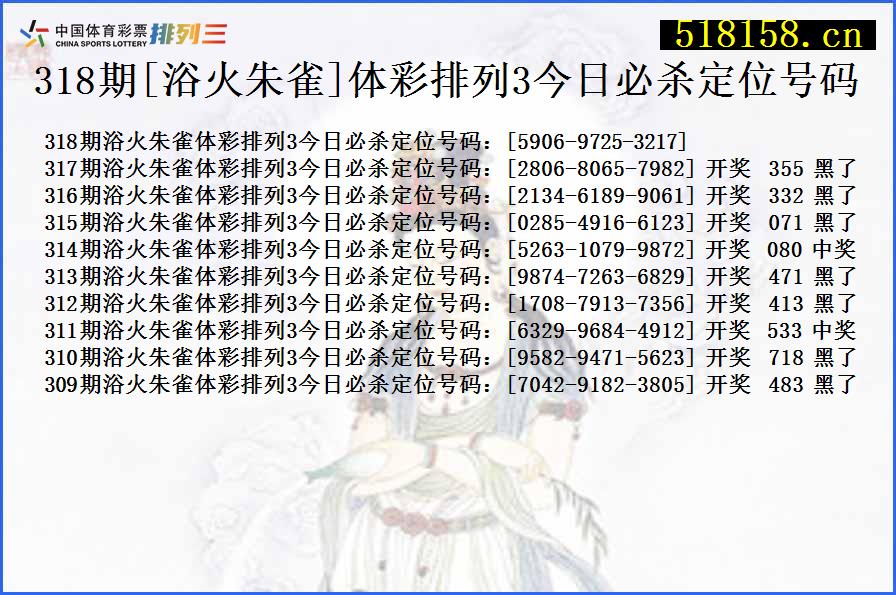 318期[浴火朱雀]体彩排列3今日必杀定位号码