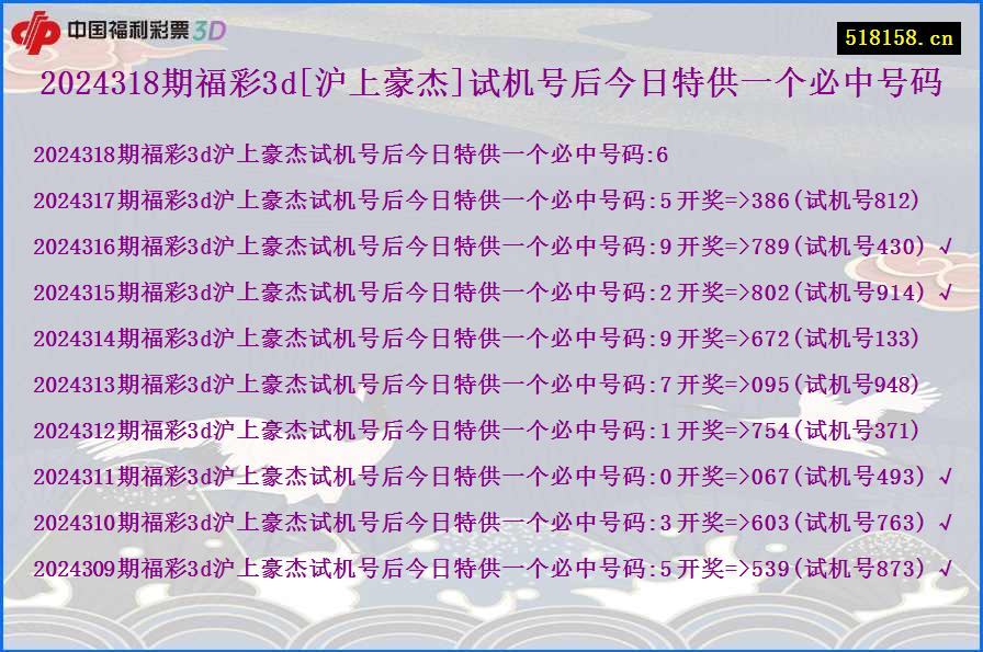 2024318期福彩3d[沪上豪杰]试机号后今日特供一个必中号码