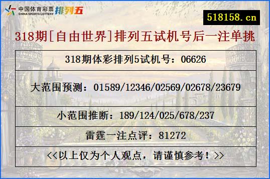 318期[自由世界]排列五试机号后一注单挑