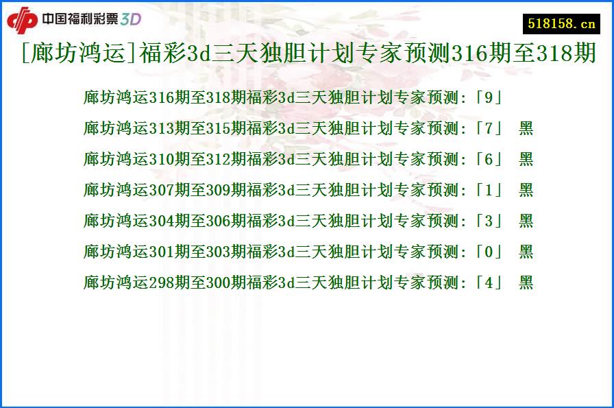 [廊坊鸿运]福彩3d三天独胆计划专家预测316期至318期