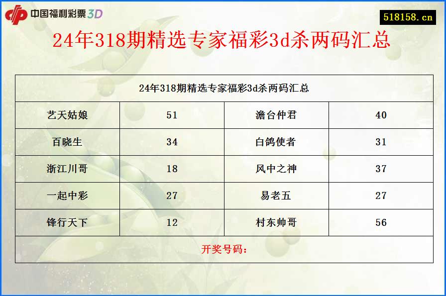 24年318期精选专家福彩3d杀两码汇总