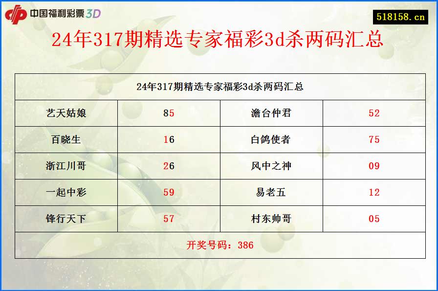 24年317期精选专家福彩3d杀两码汇总