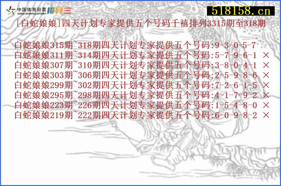 [白蛇娘娘]四天计划专家提供五个号码千禧排列3315期至318期