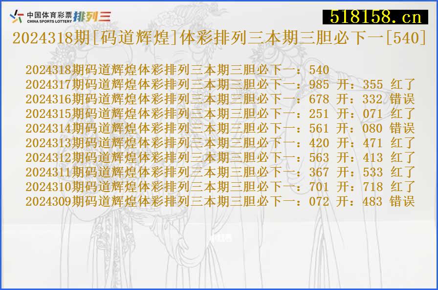 2024318期[码道辉煌]体彩排列三本期三胆必下一[540]