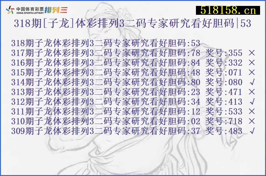 318期[子龙]体彩排列3二码专家研究看好胆码|53