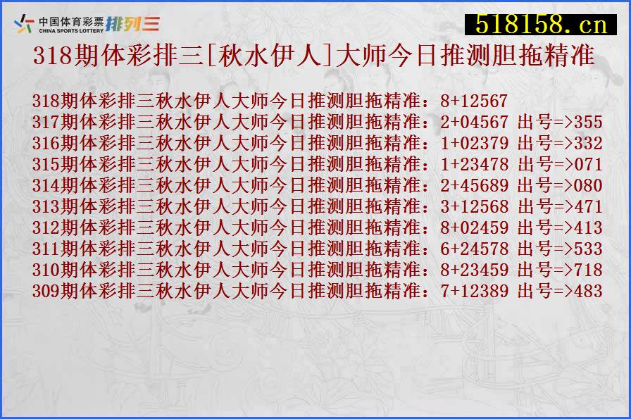 318期体彩排三[秋水伊人]大师今日推测胆拖精准