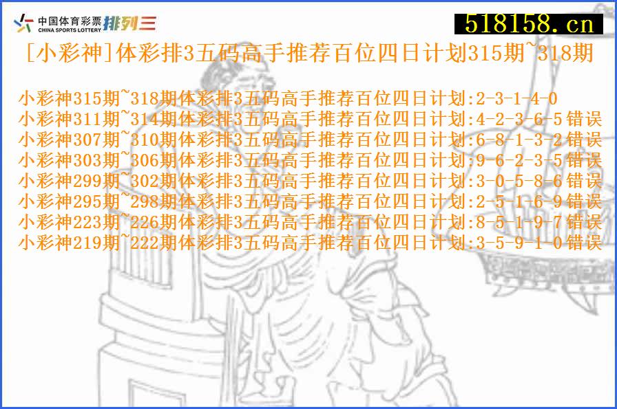 [小彩神]体彩排3五码高手推荐百位四日计划315期~318期