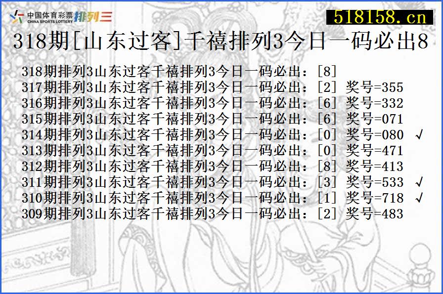 318期[山东过客]千禧排列3今日一码必出8