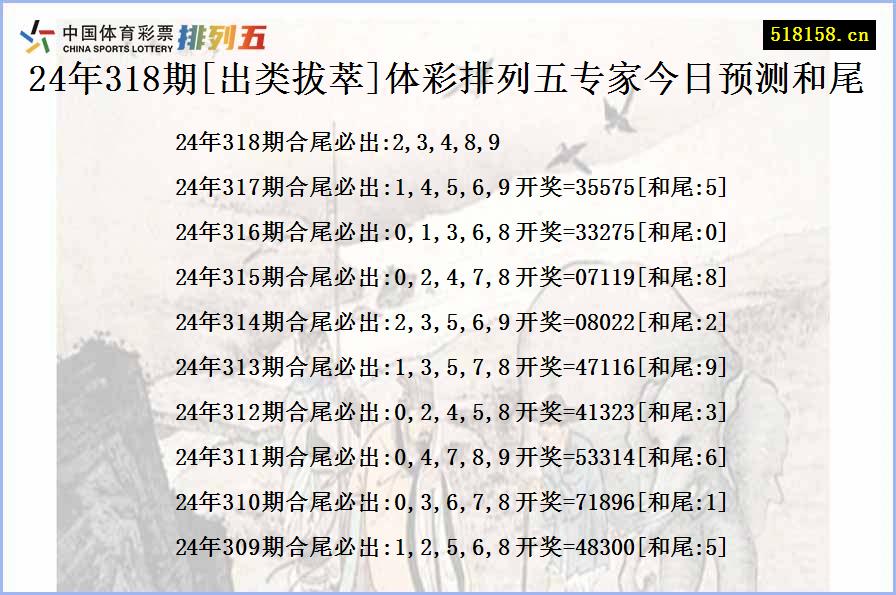 24年318期[出类拔萃]体彩排列五专家今日预测和尾