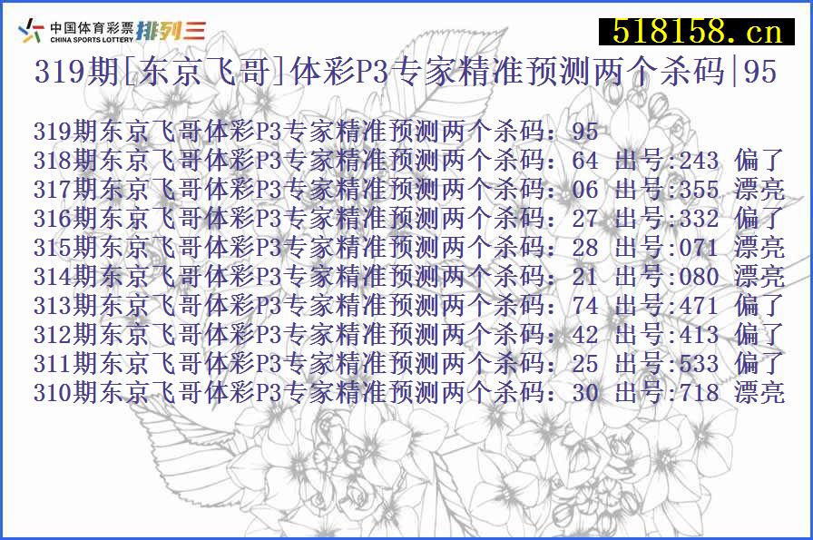 319期[东京飞哥]体彩P3专家精准预测两个杀码|95