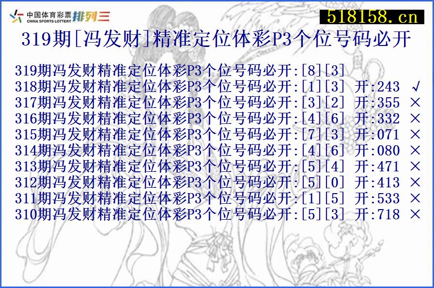 319期[冯发财]精准定位体彩P3个位号码必开