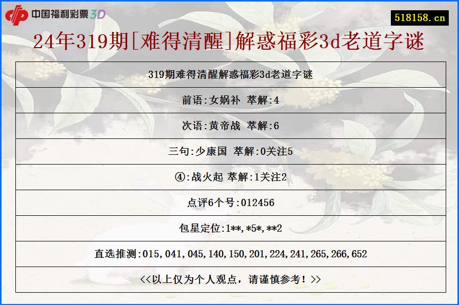 24年319期[难得清醒]解惑福彩3d老道字谜