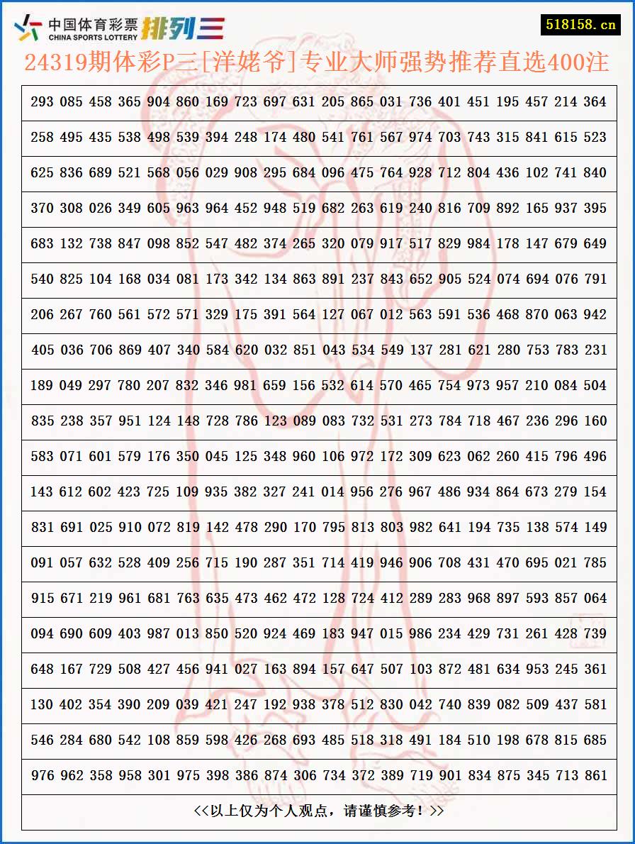 24319期体彩P三[洋姥爷]专业大师强势推荐直选400注