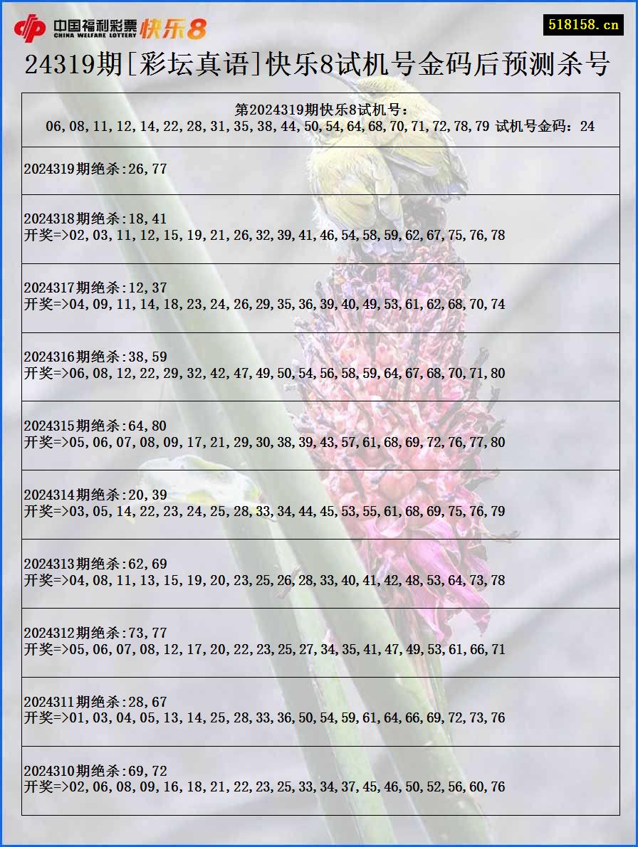 24319期[彩坛真语]快乐8试机号金码后预测杀号