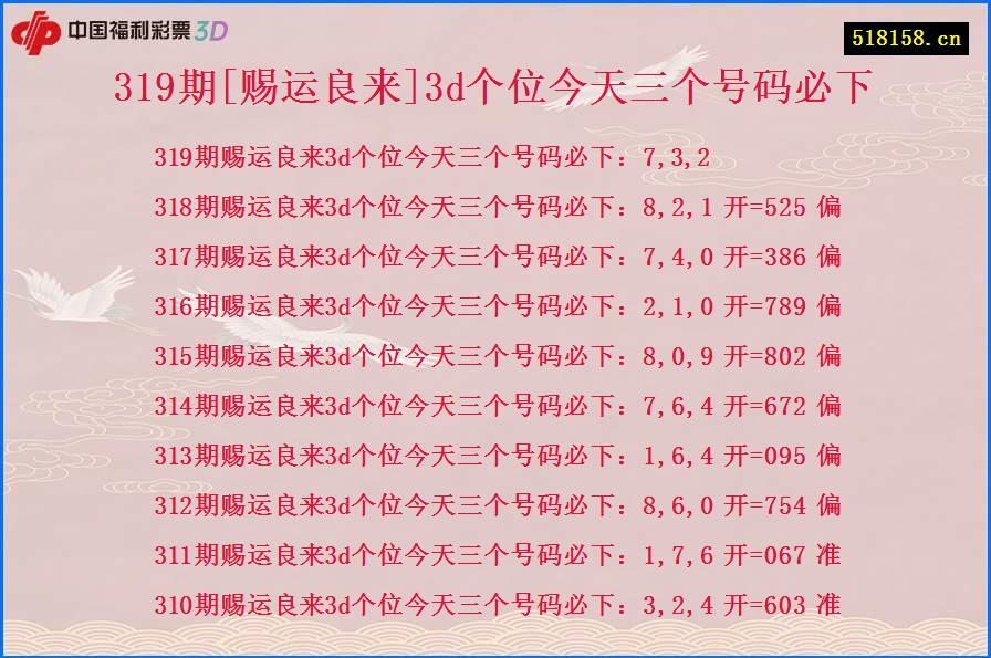 319期[赐运良来]3d个位今天三个号码必下