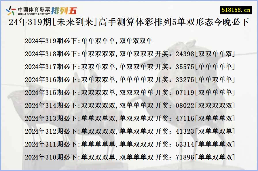 24年319期[未来到来]高手测算体彩排列5单双形态今晚必下