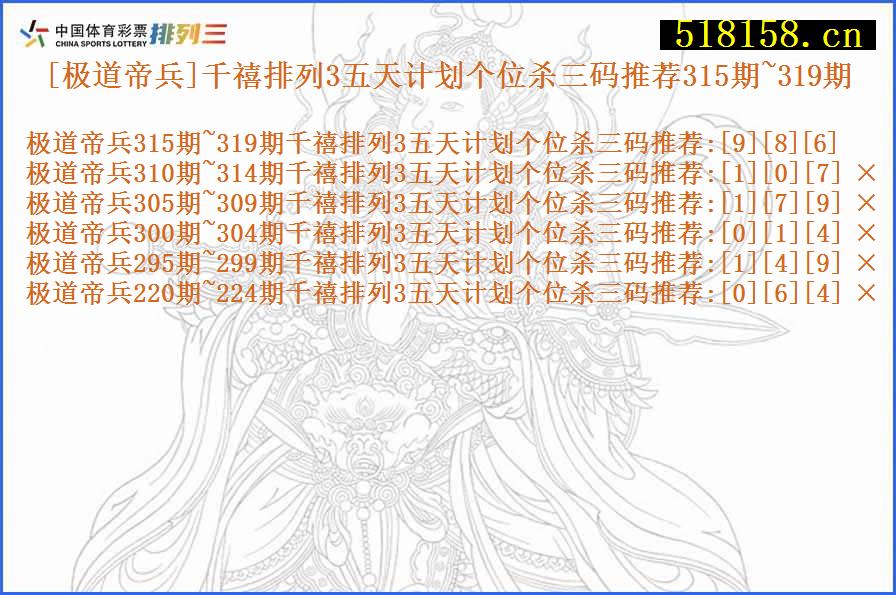 [极道帝兵]千禧排列3五天计划个位杀三码推荐315期~319期