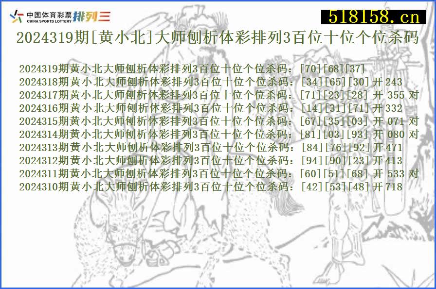 2024319期[黄小北]大师刨析体彩排列3百位十位个位杀码