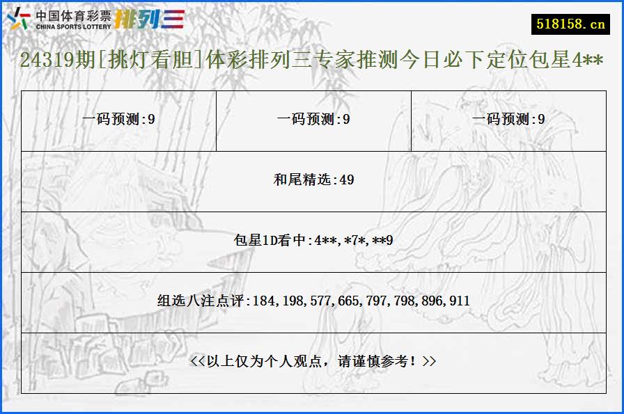 24319期[挑灯看胆]体彩排列三专家推测今日必下定位包星4**