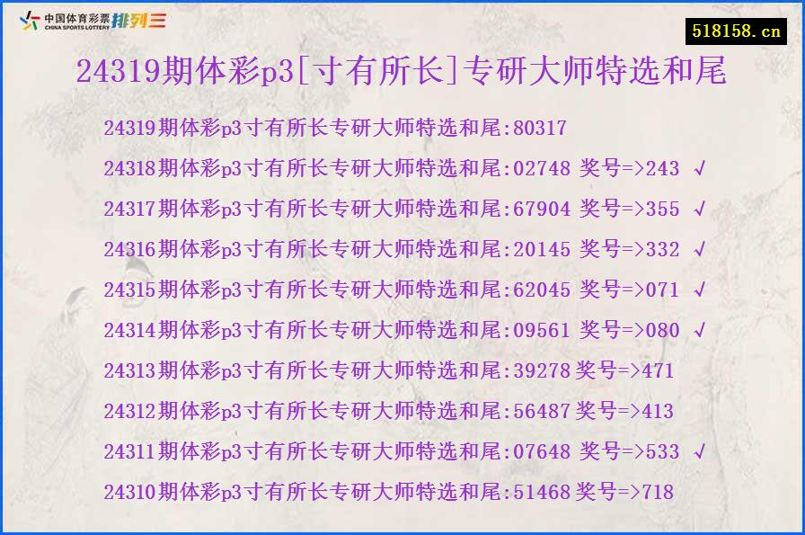 24319期体彩p3[寸有所长]专研大师特选和尾