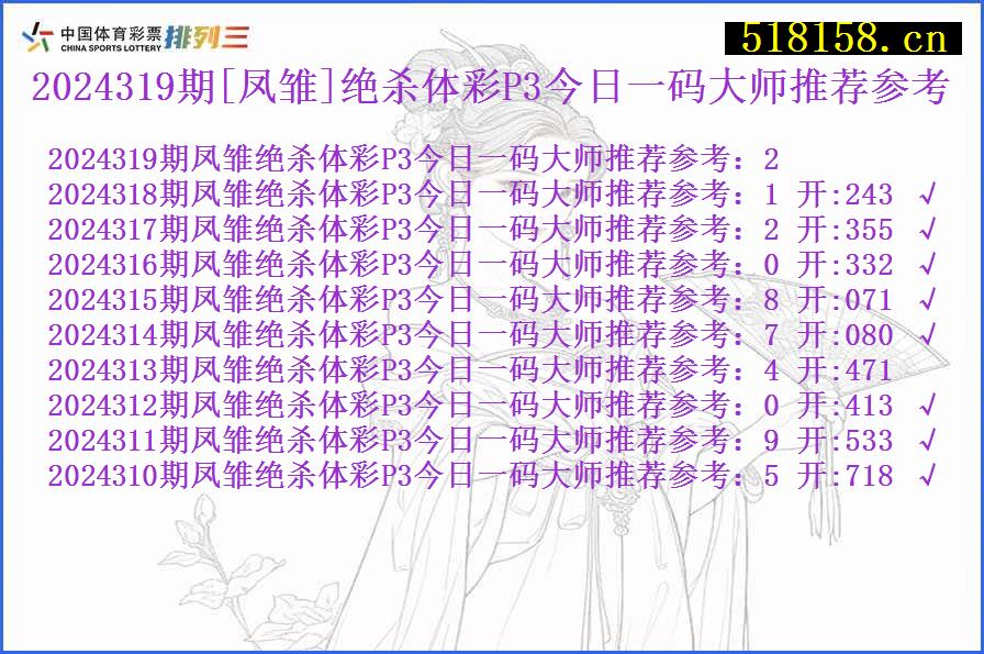 2024319期[凤雏]绝杀体彩P3今日一码大师推荐参考