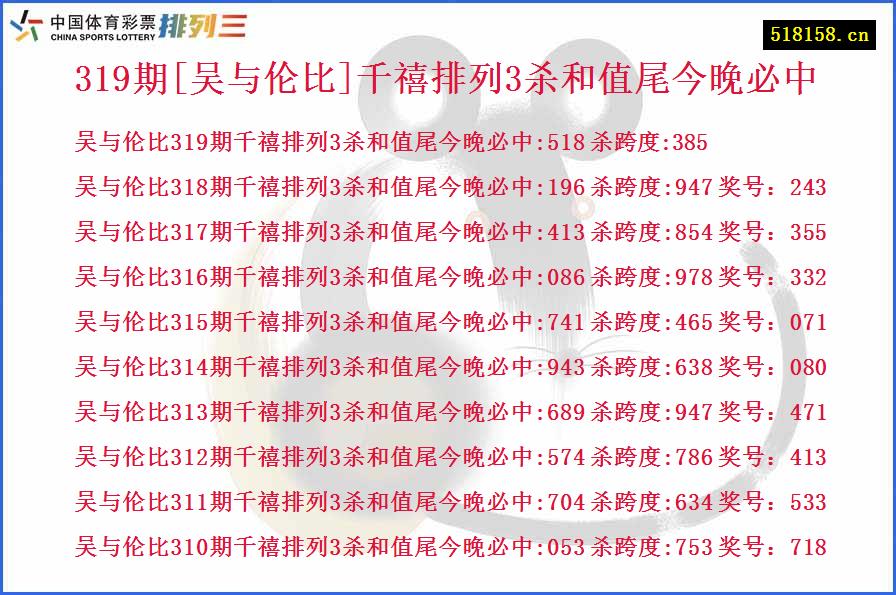 319期[吴与伦比]千禧排列3杀和值尾今晚必中