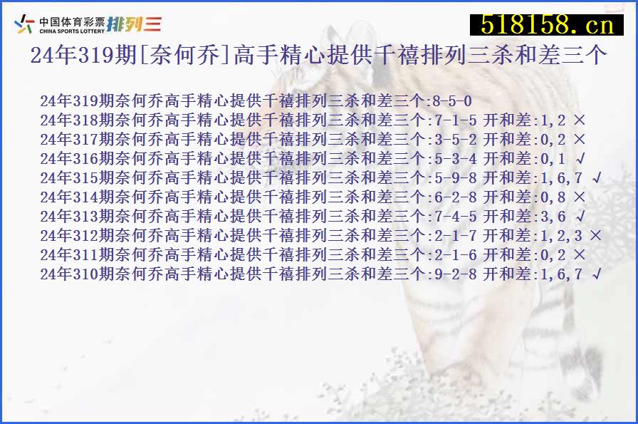 24年319期[奈何乔]高手精心提供千禧排列三杀和差三个