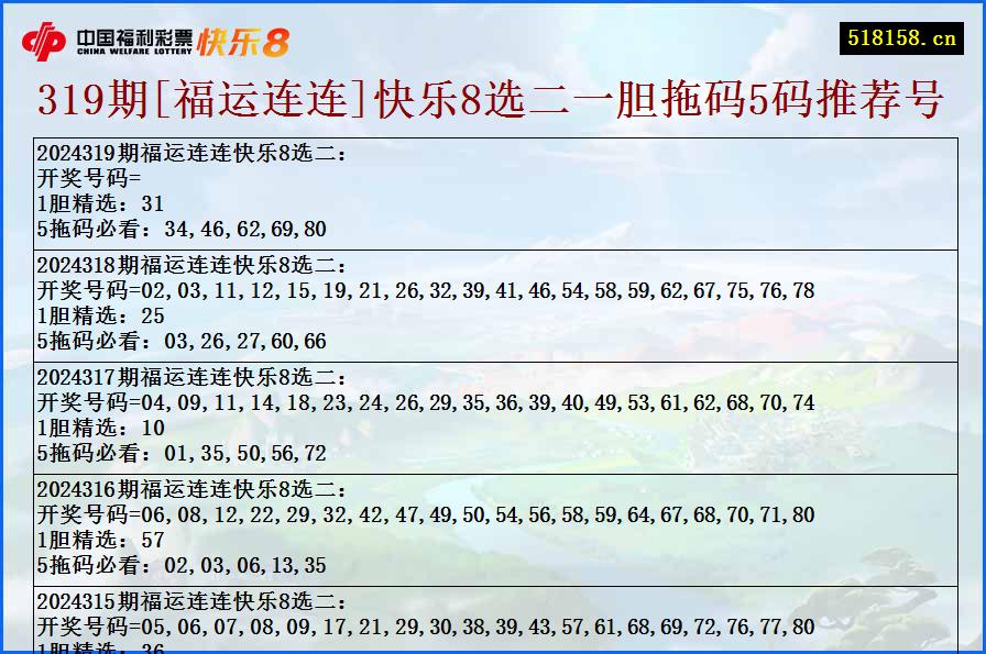 319期[福运连连]快乐8选二一胆拖码5码推荐号