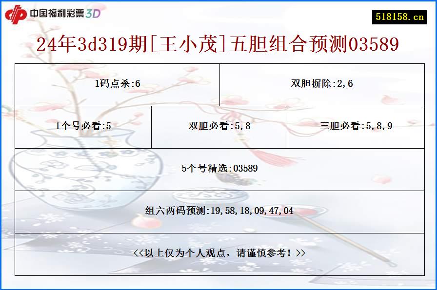 24年3d319期[王小茂]五胆组合预测03589