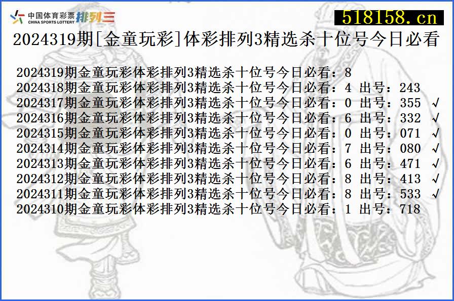 2024319期[金童玩彩]体彩排列3精选杀十位号今日必看