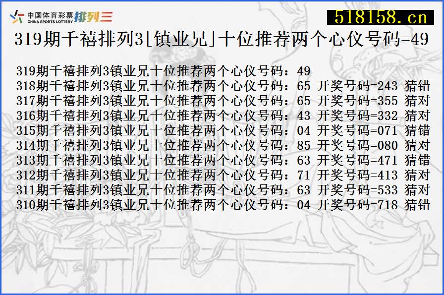 319期千禧排列3[镇业兄]十位推荐两个心仪号码=49