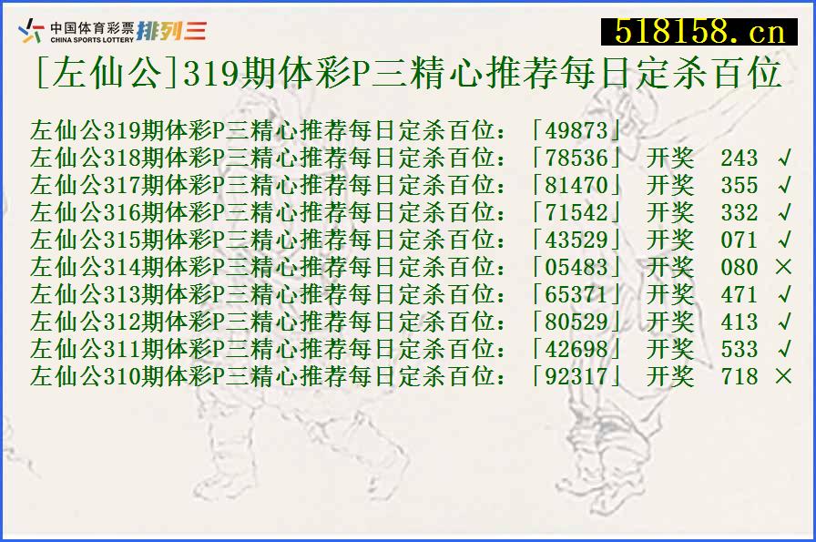 [左仙公]319期体彩P三精心推荐每日定杀百位