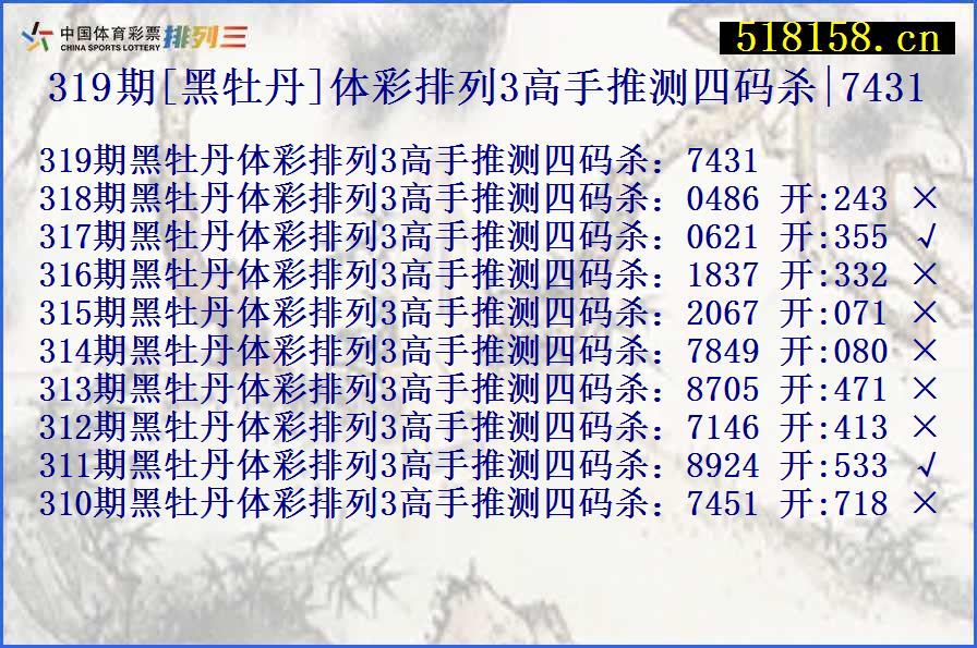 319期[黑牡丹]体彩排列3高手推测四码杀|7431