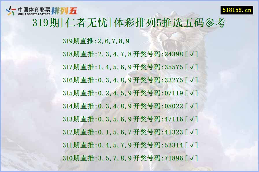 319期[仁者无忧]体彩排列5推选五码参考