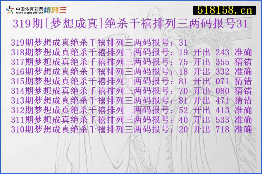 319期[梦想成真]绝杀千禧排列三两码报号31